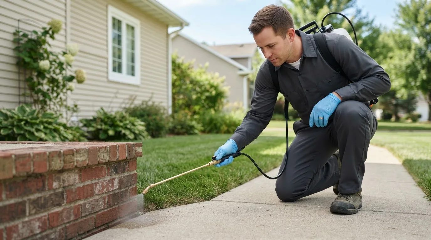 Pest control technician treating a home near Mcleod, ND