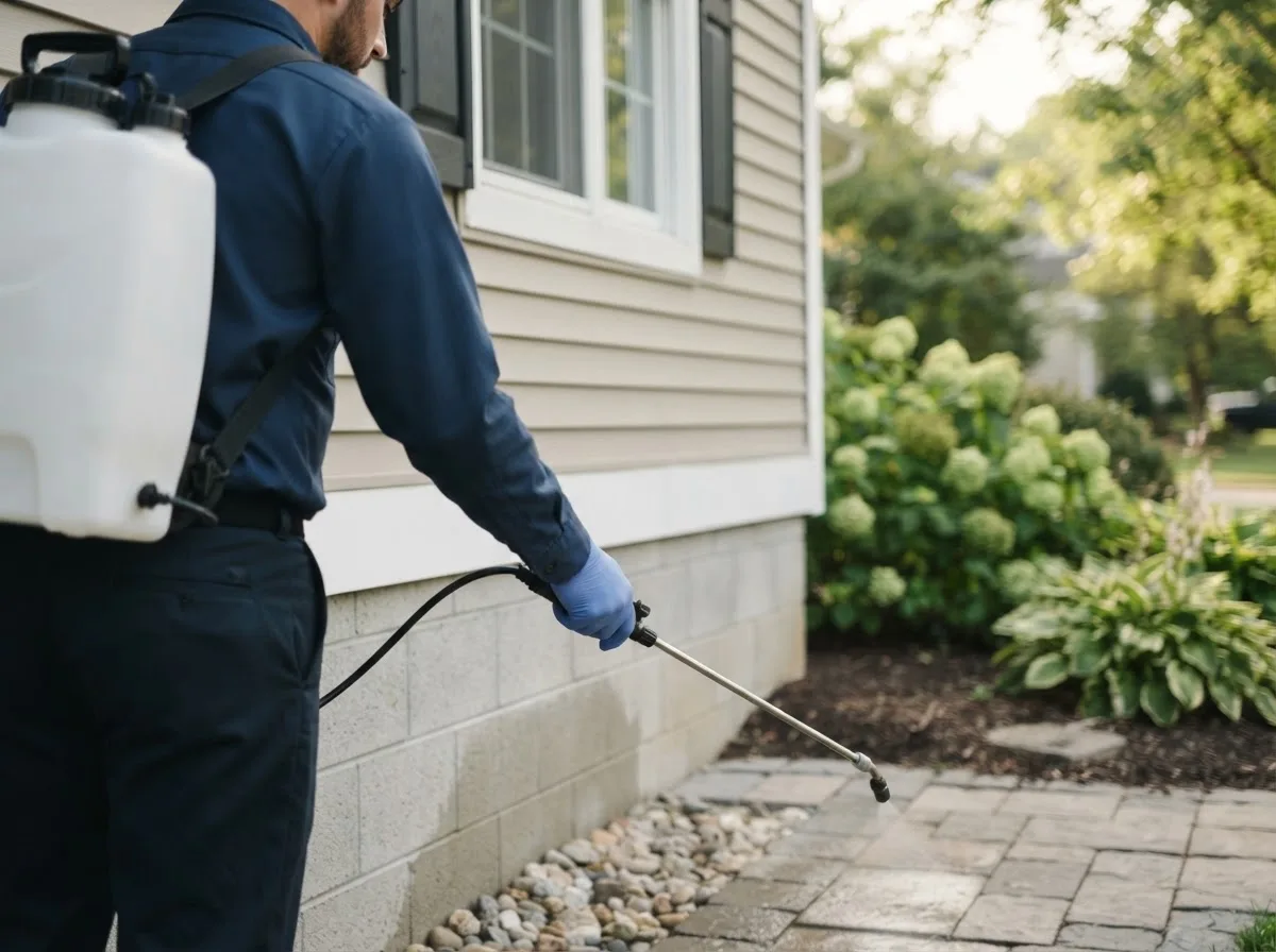 Pest control technician inspecting a home in Mcleod, ND